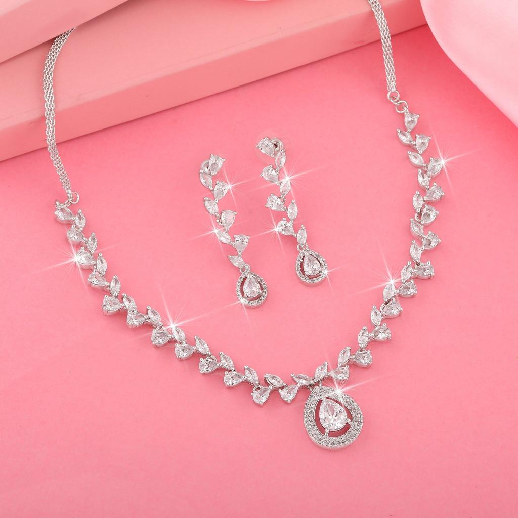 Estele Rhodium Plated Pear and Marquise Zircon Necklace Set for Women