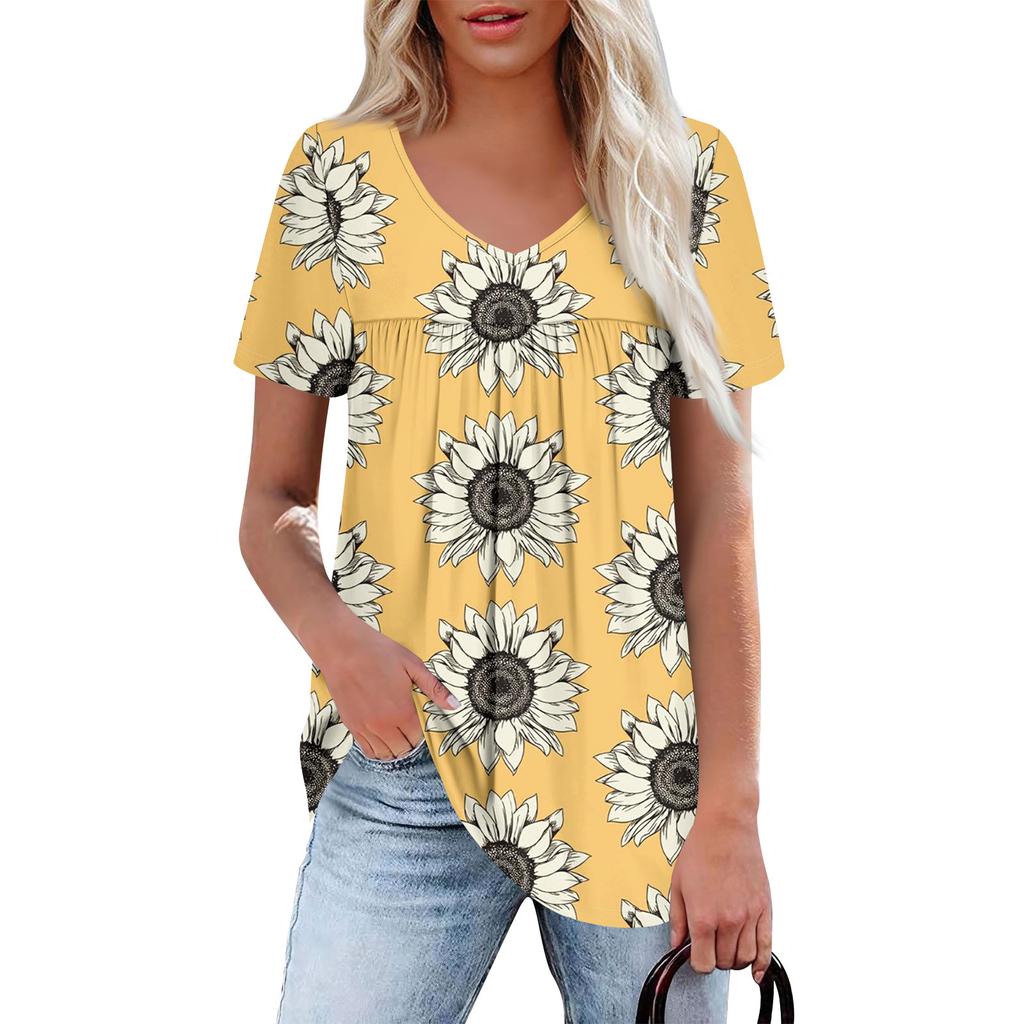 Women's Casual V-Neck Short Sleeve Chest Ruffle Printed Top