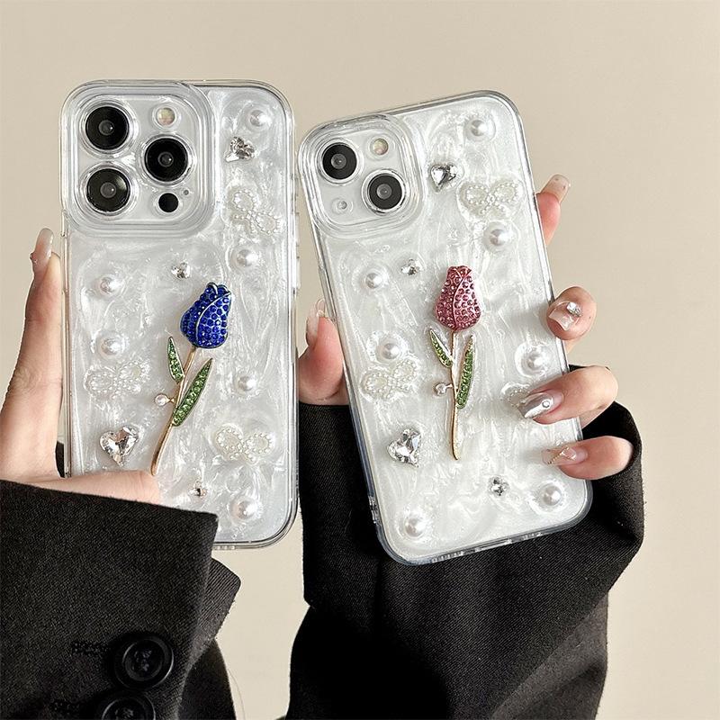 For Apple 16Pro Fresh Ins Style Rose Phone Case for IPhone17 Glitter Glitter Rhinestone Pearl Diamond