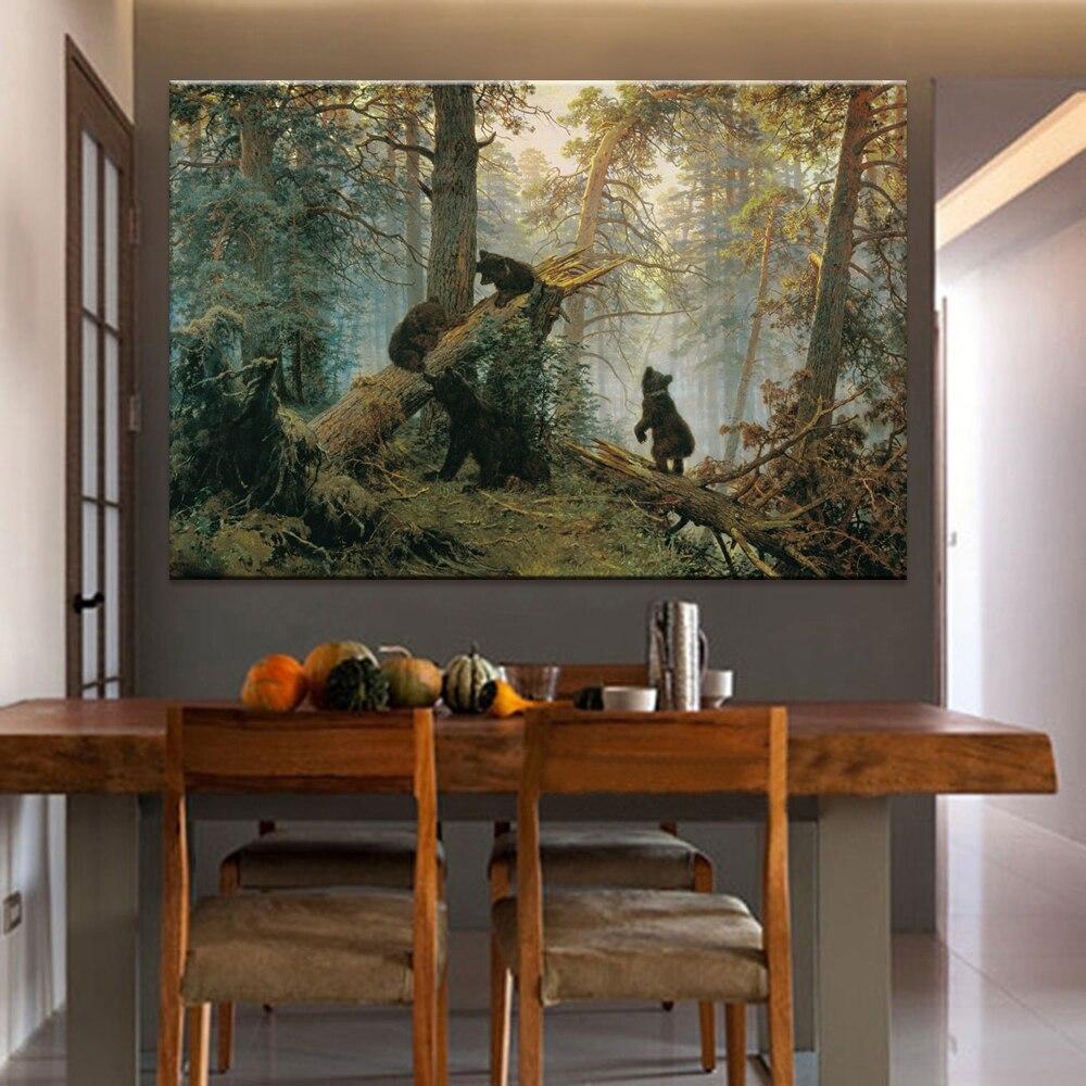 Oil Painting In the Morning On Pine Forest Bear, Cotton Print Shishkin Wall Art Image Decoration