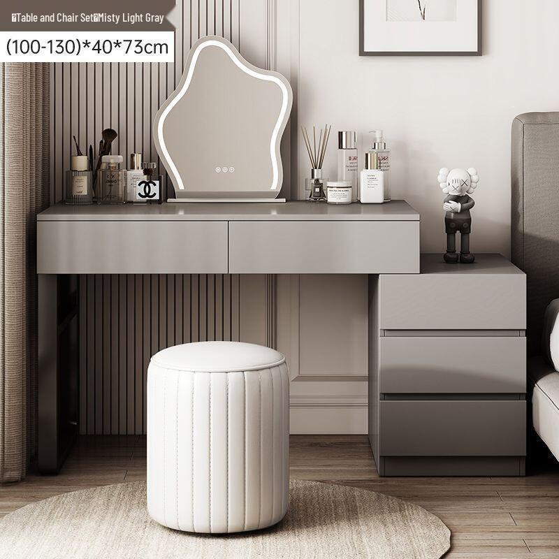 Modern Solid Wood & Sintered Stone Vanity: Sleek Makeup Table with Drawers, Light Luxury Design for Bedrooms and Small Apartments.