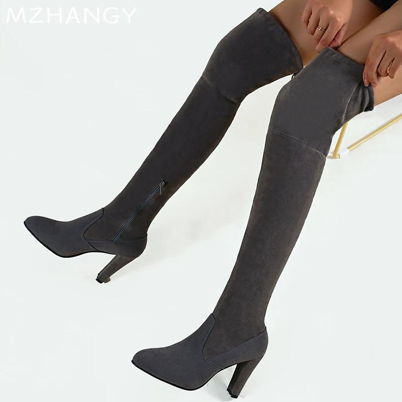 Модные женские замшевые высокие сапоги сексуальные высокие каблуки модная обувь женская 2025 тренд дизайнер вечерние элегантные ботинки челси туфли-лодочки Mujer Botas