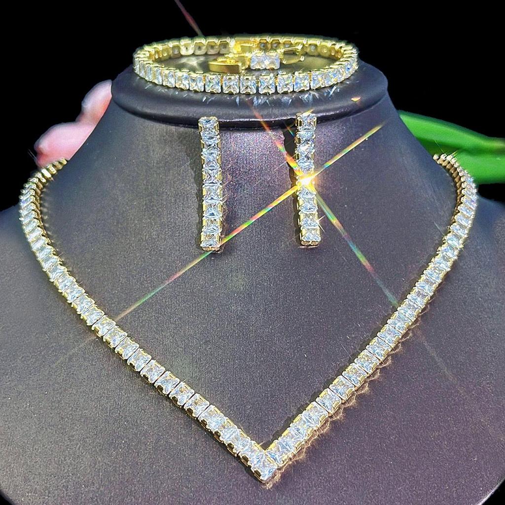 CMM 3 шт., высокое качество, свадебные украшения в Дубае, инкрустированные квадратные AAA циркониевые ожерелья, серьги, браслет, набор для женщин