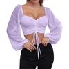 Ladies Casual Solid Color Square Neck Pullover Mesh Splicing Sexy Fashion Top