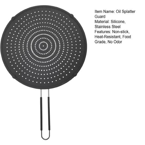 Grease Splatter Guard with Handle Heat-Resistant Non-stick Reusable Silicone Frying Pan Oil Splatter Screen Kitchen Tool