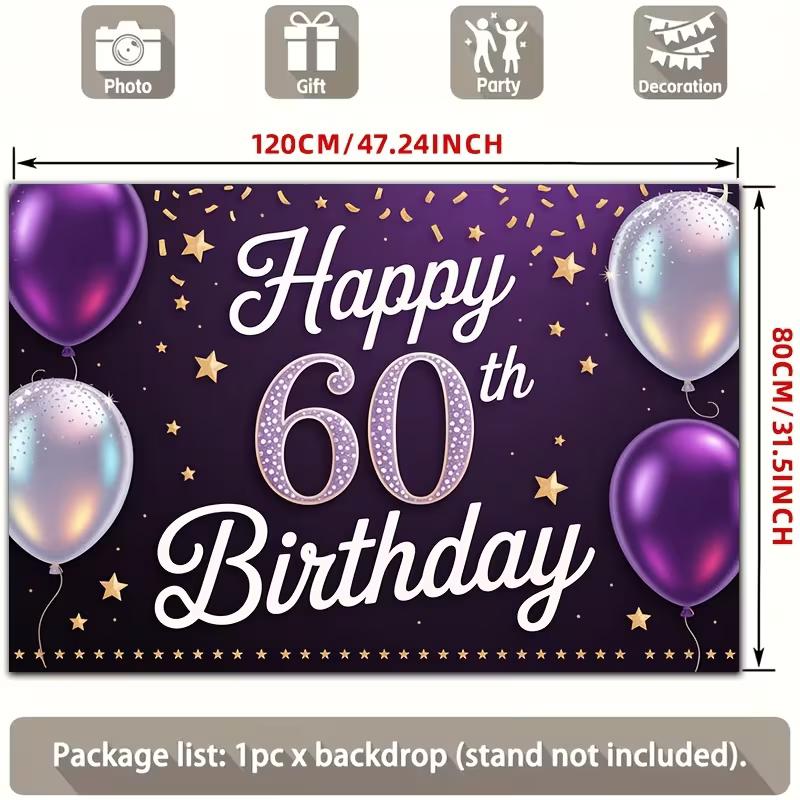 2D 60th Birthday Banner Backdrop Purple Confetti Gold Star Party Background