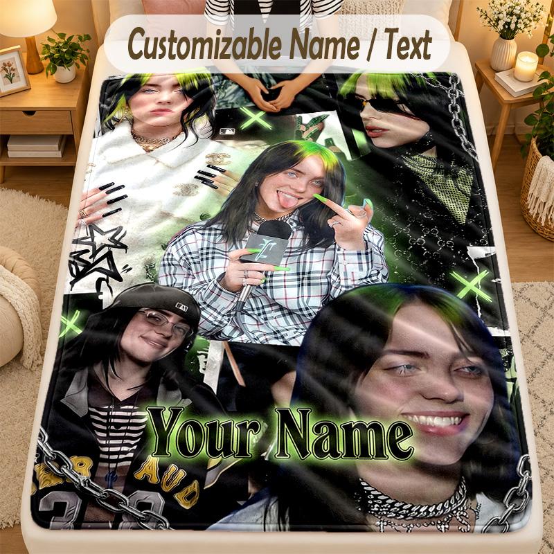Flannel BlanketBillie Eilish Custom Name Text Personalized Soft Warm Throw Blanket Home Decor Gift