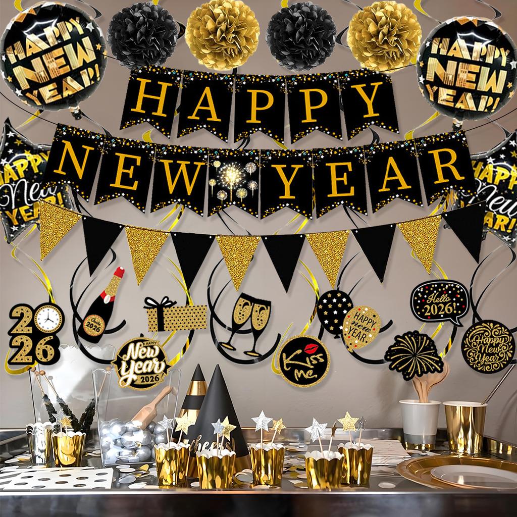 New Year'S Party Theme Happy New Year Black Gold New Year'S Eve Banner Paper Flower Ball Balloon Decoration Set