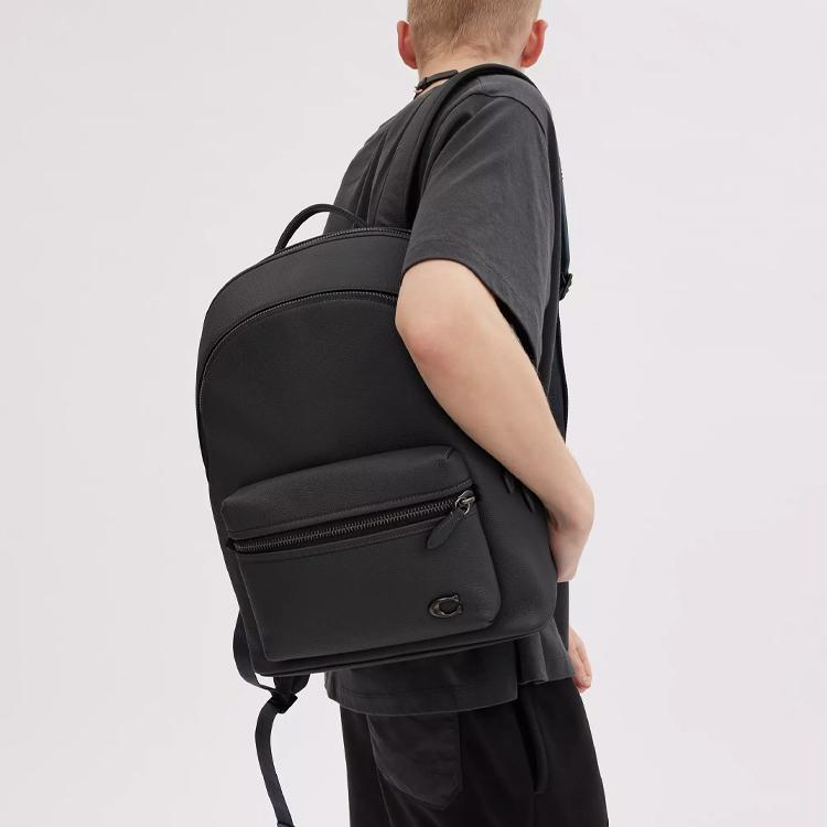 Coach 30 Logo Zipper Closure Polished Pebble Texture Commuter Leather Backpack Large Men backpack Black CP161-BLK