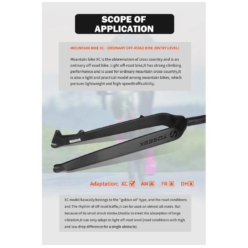 TOSEEK T800 Carbon Fiber Bicycle Front Fork Mountain MTB Bike Fork 26/27.5/29 inch Steerer Tube Straight or Tapered QR 9*100mm