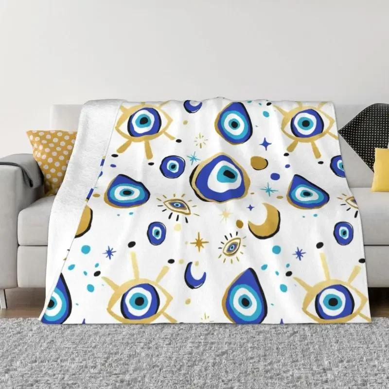 Mediterranean Blue And Gold Evil Eye Blanket Flannel Fleece Warm Hamsa Nazar Amulet Boho Throw Blankets for Home Bed Couch Quilt