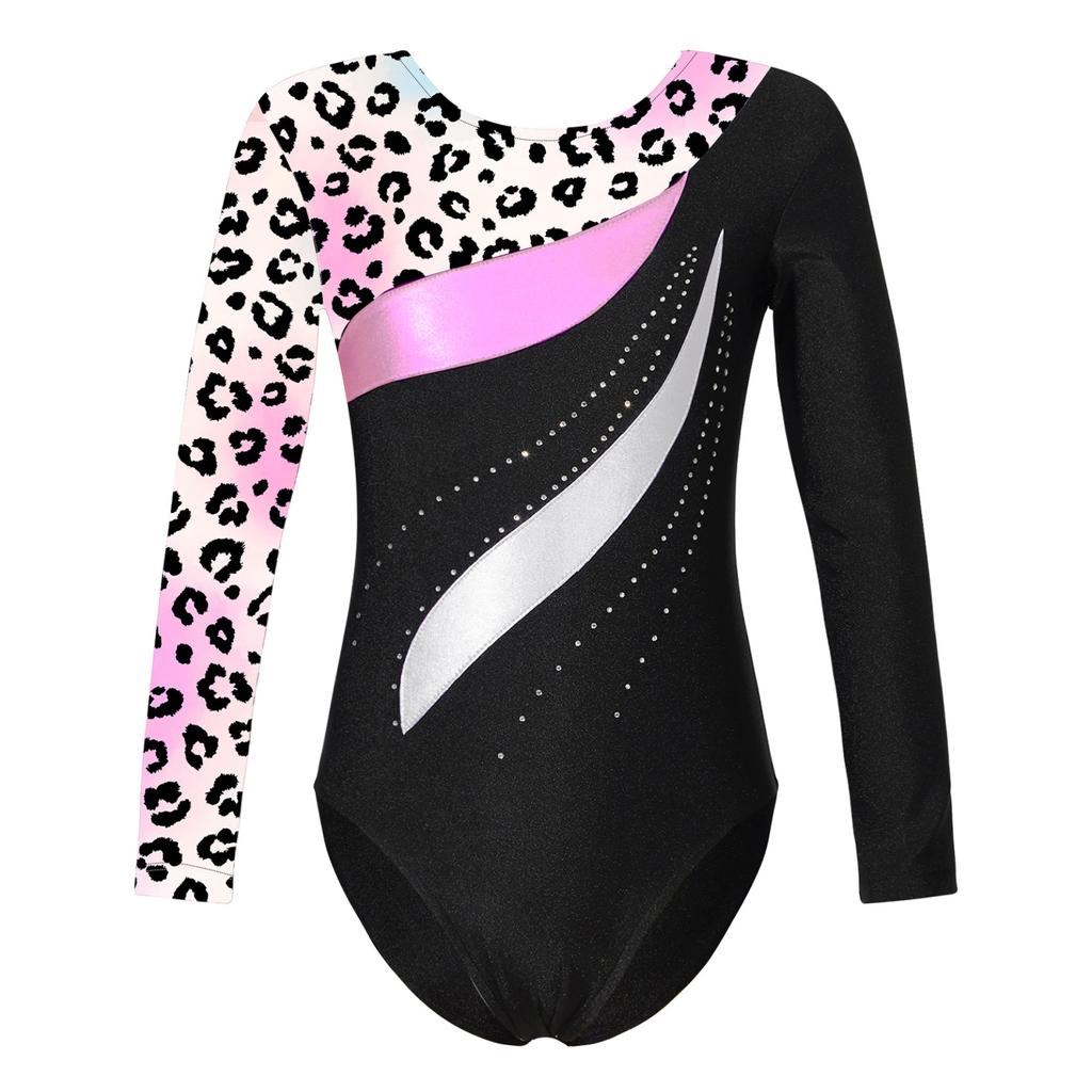 Детский гимнастический купальник с блестящим декором из стразов для девочек, боди с круглым вырезом и длинными рукавами для фитнеса и танцев, наряд