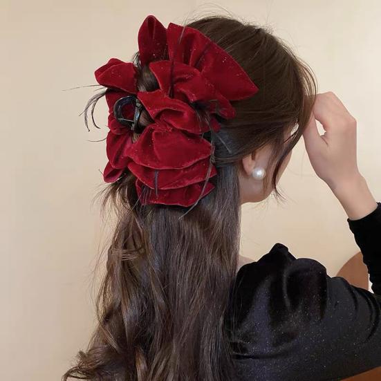 Women Hair Claw Large Pleated Velvet Multi-Layered Bowknot Decor Versatile Hair Clamp