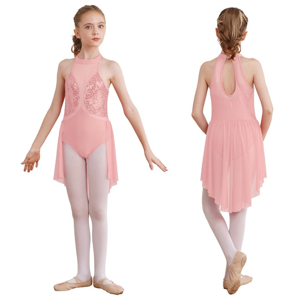 Детское блестящее сетчатое лоскутное трико с блестками для девочек, платье с вырезом на спине, платья без рукавов для фигурного катания, лирическая танцевальная одежда