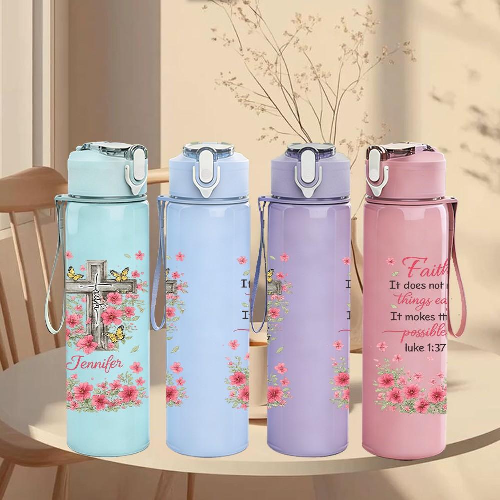 1PC Two Piece Floral Religious Text Print 750ml Color Plastic Sports Water Bottle Leakproof Flip Straw Lid Suitable for Sports Office Home Use