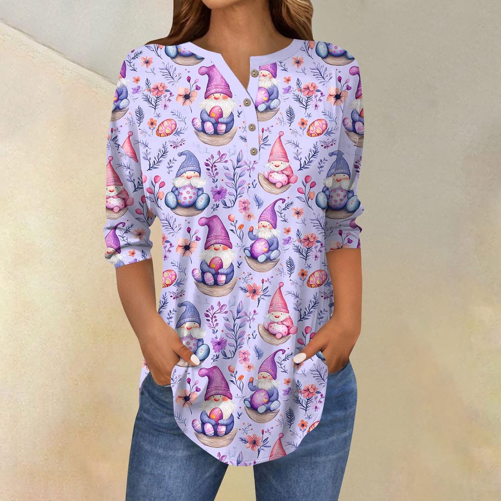 Women's 3/4 Sleeve Easter Egg Bunny Print Button Collar Fashion Casual Top