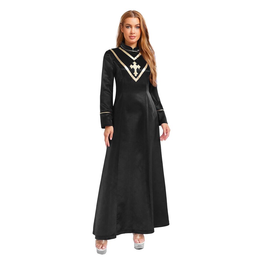 Womens Priest Cleric Cassocks Embroidered Cross Long Sleeve Back Zipper Long Robe