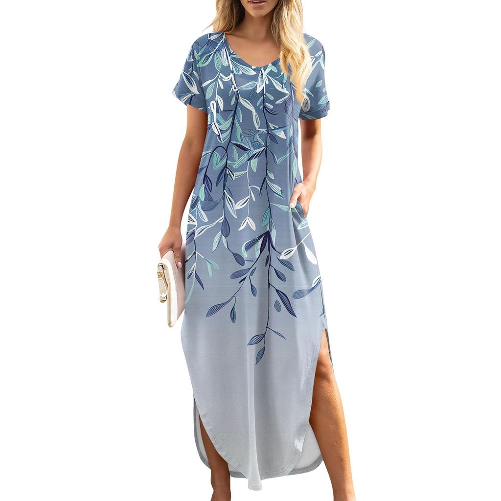 Женские летние повседневные свободные пляжные макси длинные платья с V-образным вырезом и короткими рукавами, модные наряды