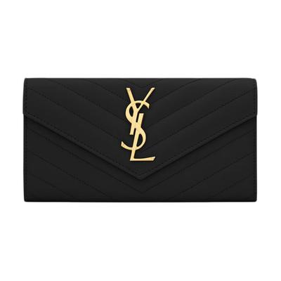 YSL Монограмма Золотой Логотип Длинный Клапан Текстурированная тисненая стеганая кожаная кошелек-конверт Большой женский кошелек Черный 372264BOW011000