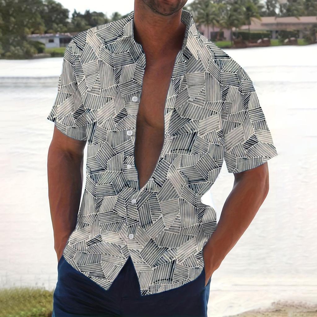 Men's Summer New Loose Print Short Sleeve Shirt Cardigan Beach Shirt