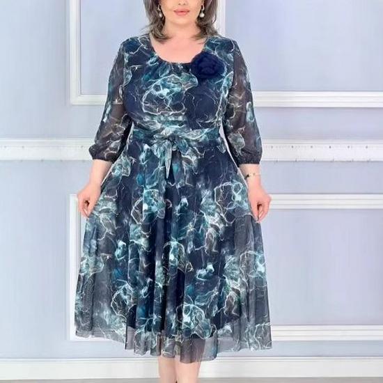 Весна/Лето 2025 Элегантное Двухслойное Длинное Платье с Принтом и Круглым Вырезом