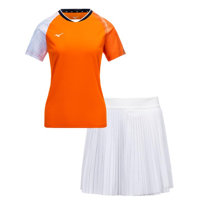 Mizuno Круглый вырез с принтом, короткий рукав, футболка, однотонная плиссированная юбка, комплект, женские комплекты, оранжевый, белый 72CG45P151