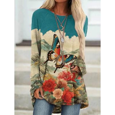 Свежий 3D-принт «Бабочка-цветок» для женщин, осенний топ с длинным рукавом, городской уличный тренд, модный осенний топ с круглым вырезом для женщин