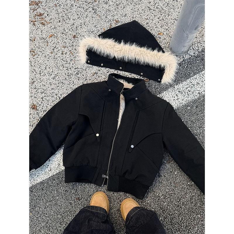 Mens Winter Thickened Hooded Cotton Puffer Jacket With Detachable Fur Trim Loose Fit Warm Coat Cold Weather Outdoor Use