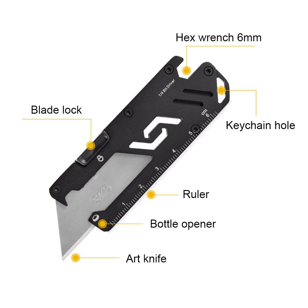 Универсальный нож с выдвижным лезвием, карманный инструмент, 5-в-1, многофункциональный DIY-брелок, нож для бумаги, острый резак для коробок с открывалкой, шестигранный ключ