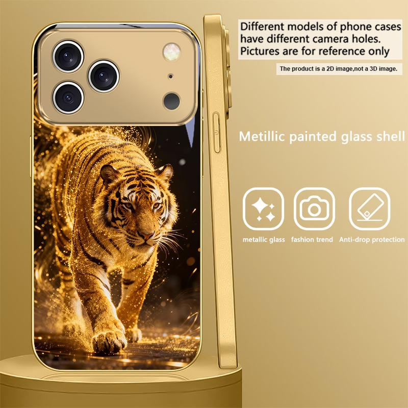 Фантазийный цветной тигр Для iPhone Air 16E 15 PRO 14 13 Plus 12 mini 11 17 Pro Max XR 16 17ProMax 17Pro Золотой стеклянный чехол для телефона