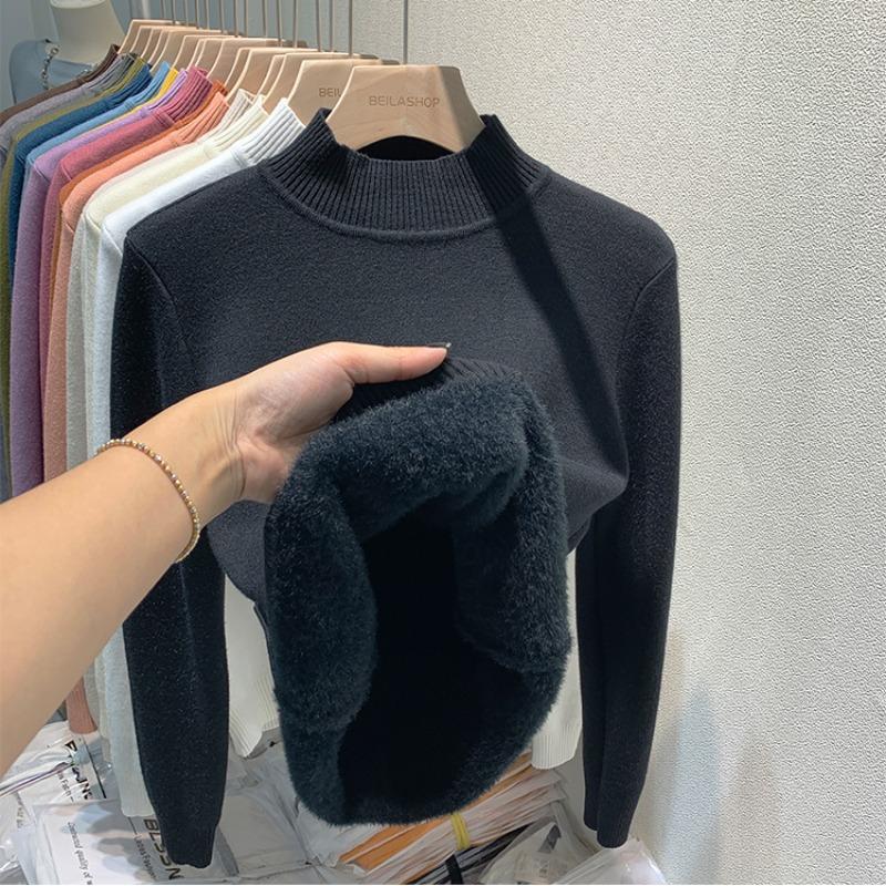 Свитер-пуловер из бархата с полувысоким воротом для женщин, осенне-зимний, толстый, плюшевый, теплый, вязаный, женский, винтажный, облегающий, повседневный, вязаный джемпер 25271