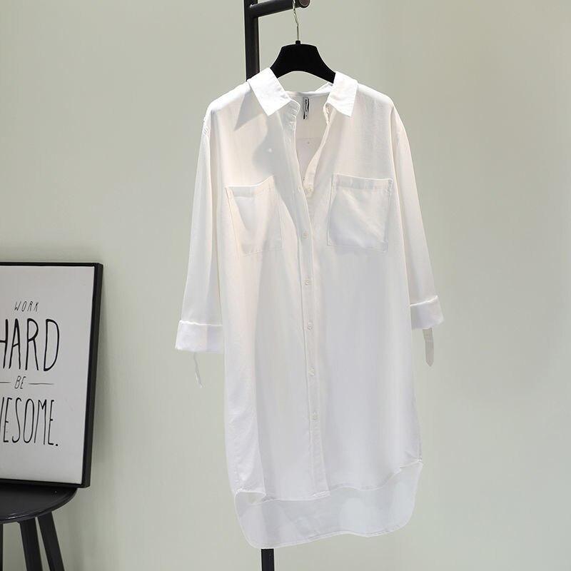Весеннее однотонное джинсовое платье-рубашка, повседневные топы, модная рубашка с длинными рукавами и карманами для женщин, элегантная свободная одежда средней длины 24120