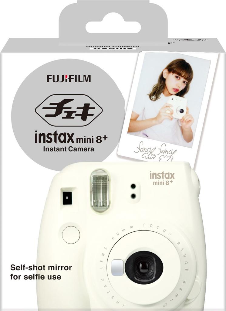 Fujifilm Фотоаппарат мгновенной печати instax mini8 plus с объективом и оригинальным ремешком на руку ваниль INS MINI 8P VANILLA крупным планом