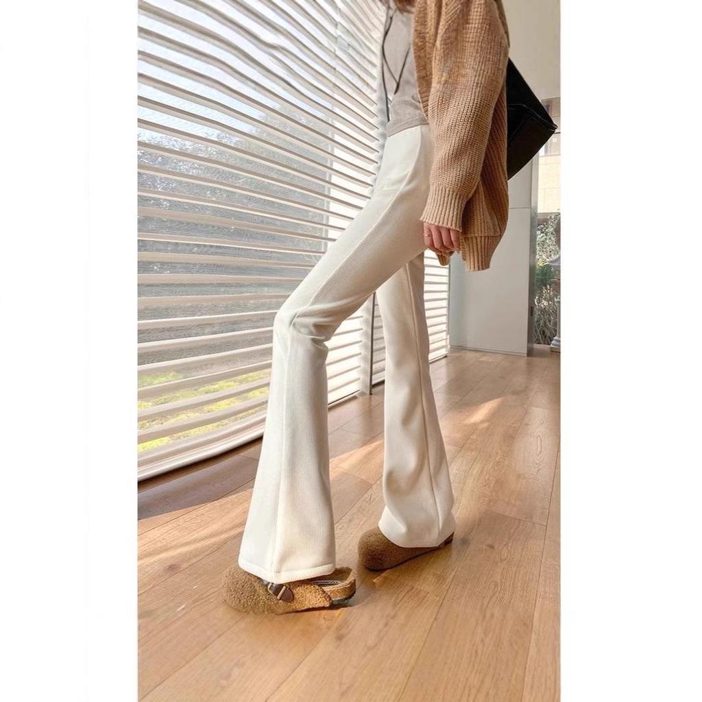 Женские брюки клеш на флисовой подкладке - С высокой посадкой, Облегающие, Трикотажные Повседневные для осени и зимы 2024