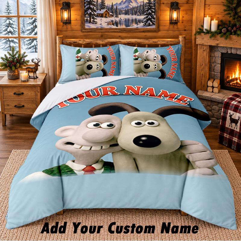 Wallace & Gromit Custom Name 3Pcs Bedding Set 1 Bed Sheet 2 Pillowcases Bedroom Home Decor