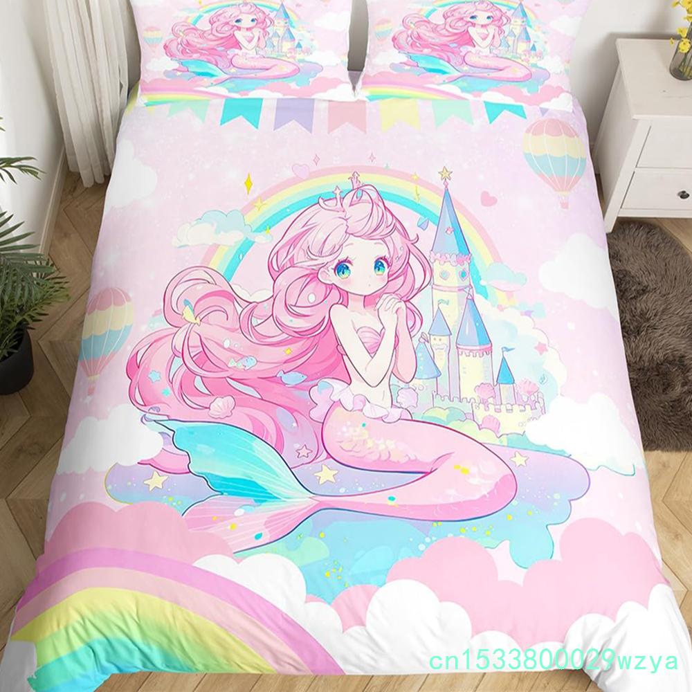 Пододеяльник с изображением радужного замка King Queen Kids Girls Cartoon Girly Комплект постельного белья Princess Castle, пододеяльник для спальни, покрывало