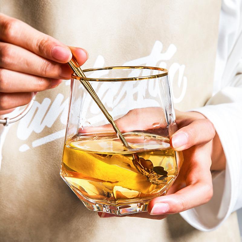 2pcs Set 11OZ Creative Stylish Rolling Golden Edged Glasses Transparent Hexagonal Glass for Home Bar Club Restaurant Water Cups