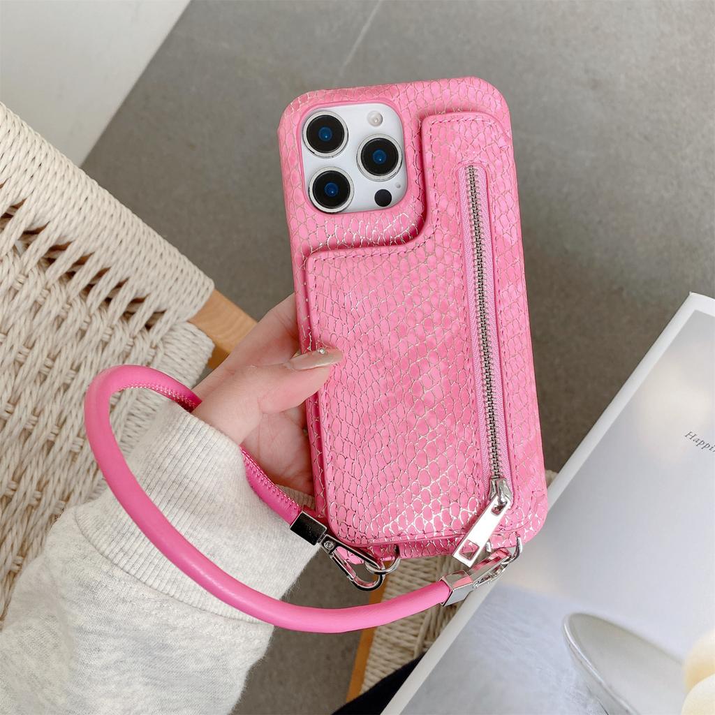 For iPhone 16 Pro Max Case Zipper Card Holder Mirror Snake Texture PU+PC Back Cover with Lanyard