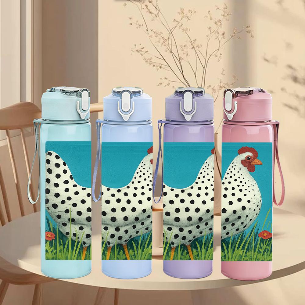 1PC White Spotted Hen Figure 750ml Color Plastic Sports Water Bottle Leakproof Flip Straw Lid For Sports Office Home Use