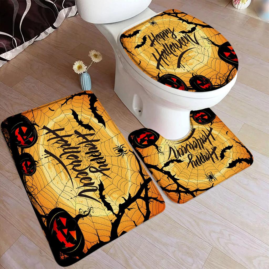 Cartoon Halloween Bath Mat Set Cute Black Cat Elf Ghost Rustic Autumn Pumpkin Home Carpet Bathroom Decor Floor Rugs Toilet Cover