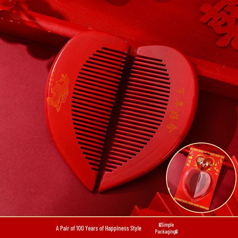 Бордовый Деревянный Свадебный Набор Расчесок с Зеркалом - Подарочная Коробка для Приданого Невесты