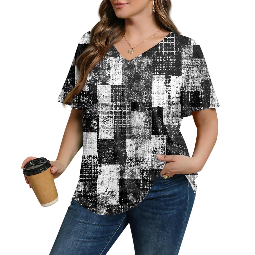 Женская модная повседневная свободная блузка большого размера с коротким рукавом, элегантная с V-образным вырезом, для работы