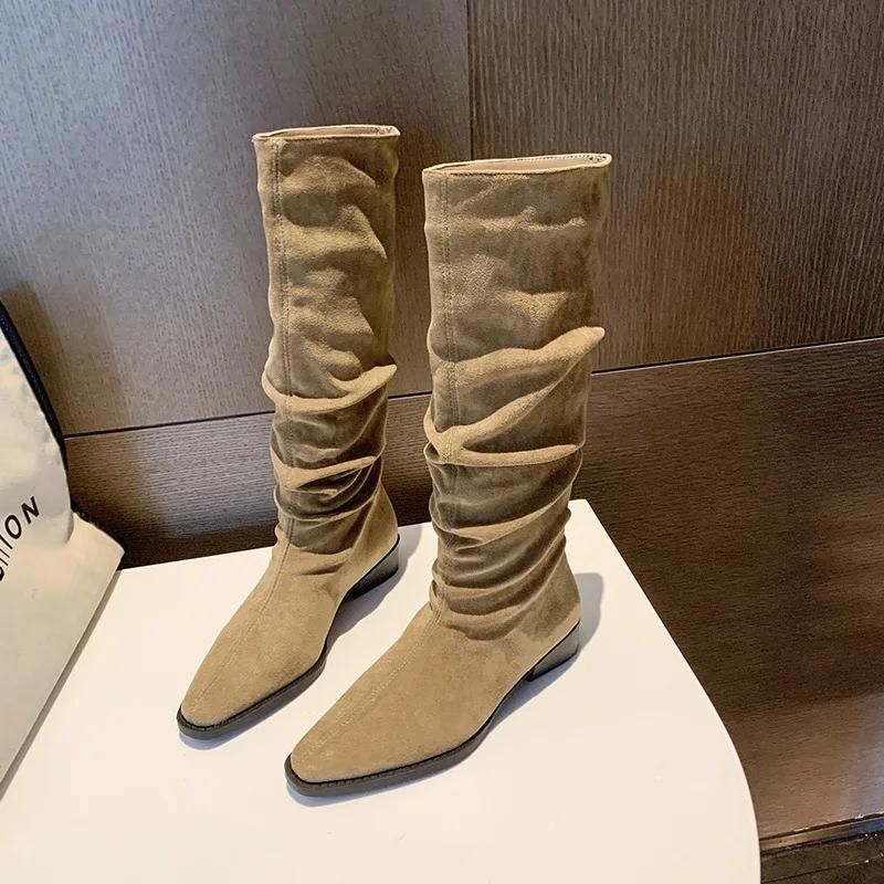 Модные осенне-зимние новые высокие сапоги для женщин в стиле панк, плиссированные замшевые кожаные длинные сапоги для женщин, ковбойские сапоги в стиле вестерн, женские сапоги