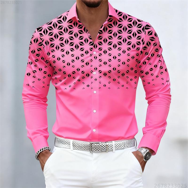 17 Colors of Men's Shirts, Fashionable Geometric Pattern Print Long Sleeve Shirts, Personalized Trendy Slim Lapel Casual Shirts