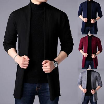 Мужской длинный вязаный однотонный кардиган, мужская мода, повседневный карманный свитер, верхнее пальто