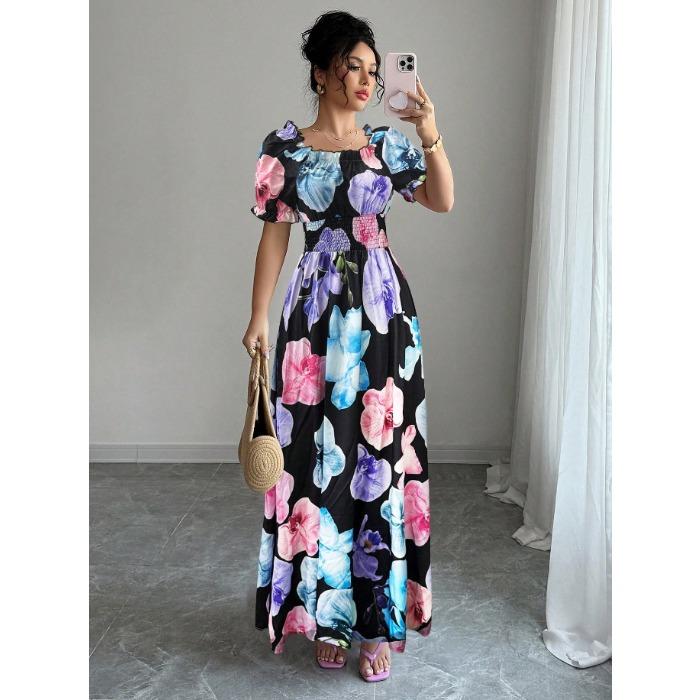 Лето Европа и США новый рукав-буф высокая талия талия печать женская одежда большой клеш подтяжки платье