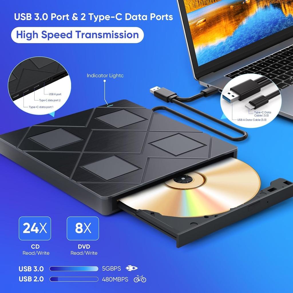 Внешний CD/DVD привод с 2 USB-портами, 2 портами Type-C и слотами для карт TF/SD. Портативный CD DVD пишущий плеер для ноутбука, настольного ПК