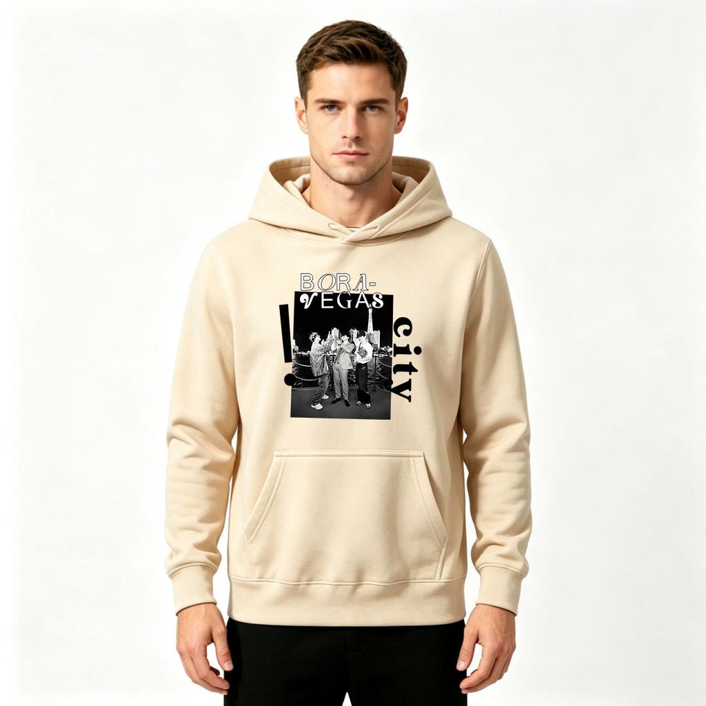 Men's Casual Pullover Hoodie, Bora-Vegas City Graphic Print Long Sleeve Hooded Sweatshirt for Daily Wear
