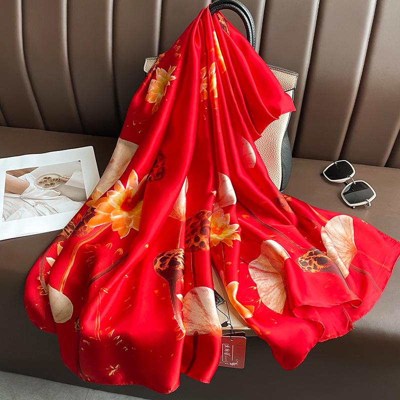 Long Silk Scarf Spring and Summer Thin Style Printed Scarf Beautiful Brocade Lotus Shawl Imitation Silk Scarf Gauze Scarf