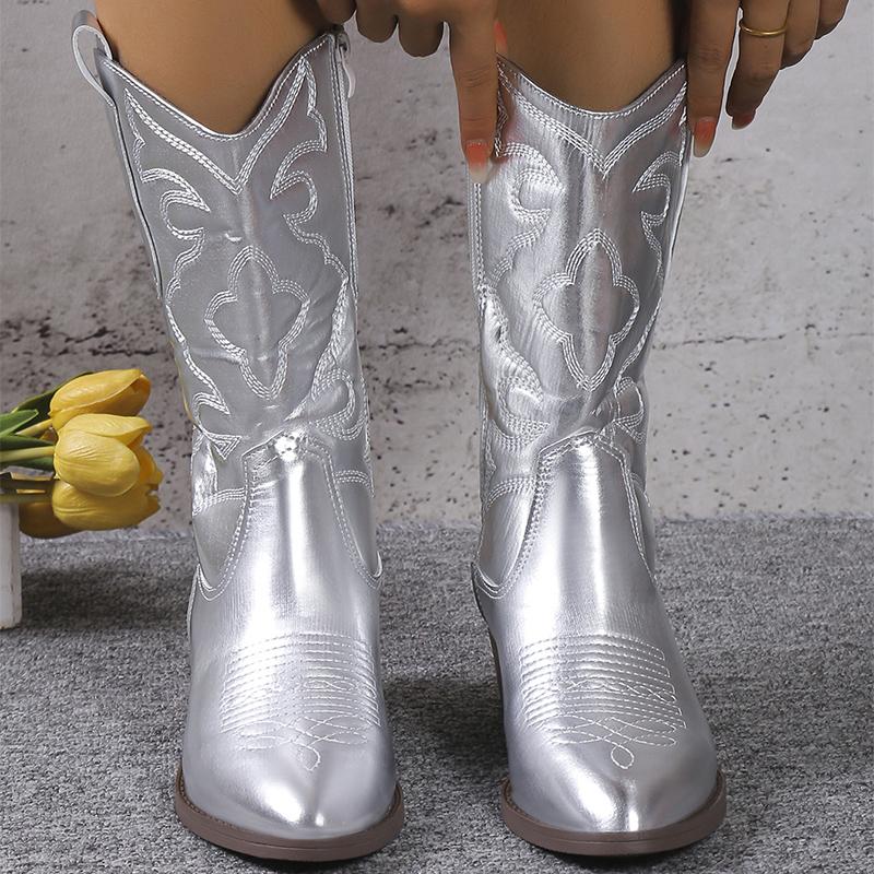 Модные Золотые Серебряные Сапоги До Икры Женские Молнии С Острым Носком Модные Короткие Сапоги 2024 Осень Туфли На Квадратном Каблуке Лодочки